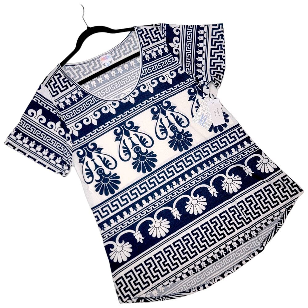 LuLaRoe Classic T XL Blue White Greek Key Floral Scroll Summer Short Sleeve Top